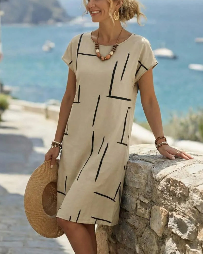 Lourdes - Vestido de mujer informal de verano con estampado y cuello redondo.