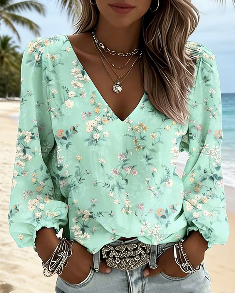 ANABEL - Blusa floral con escote en V y mangas abullonadas