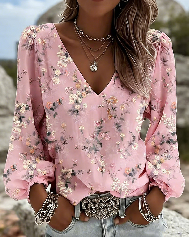 ANABEL - Blusa floral con escote en V y mangas abullonadas