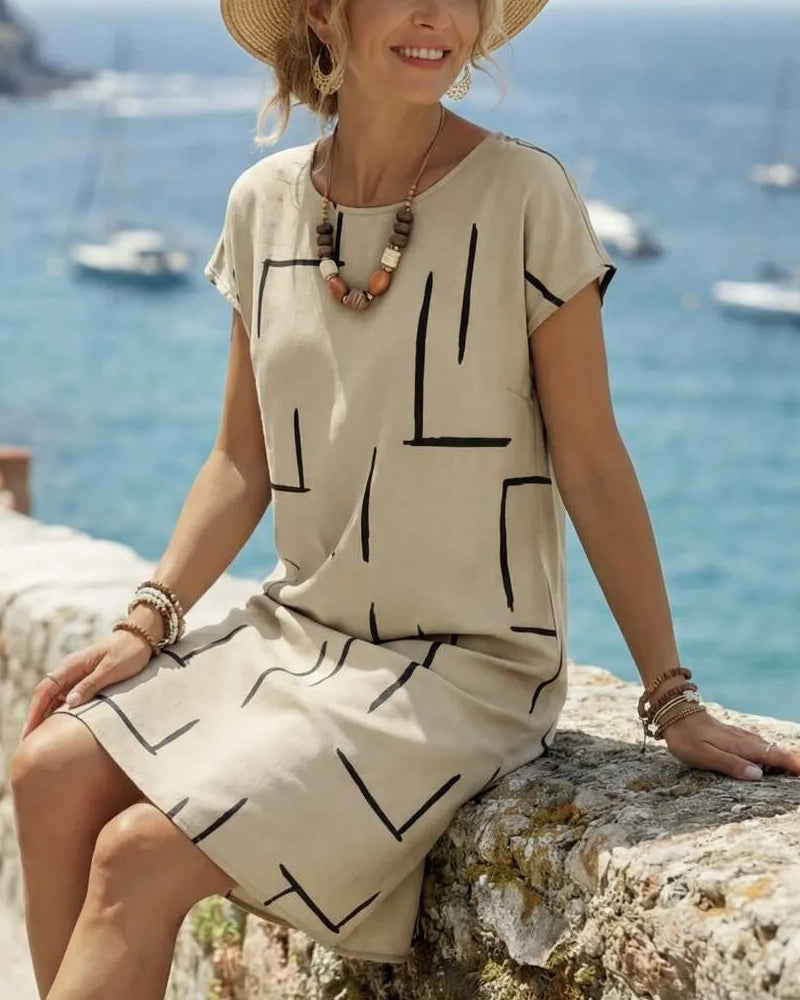 Lourdes - Vestido de mujer informal de verano con estampado y cuello redondo.