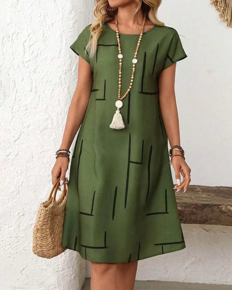 Lourdes - Vestido de mujer informal de verano con estampado y cuello redondo.