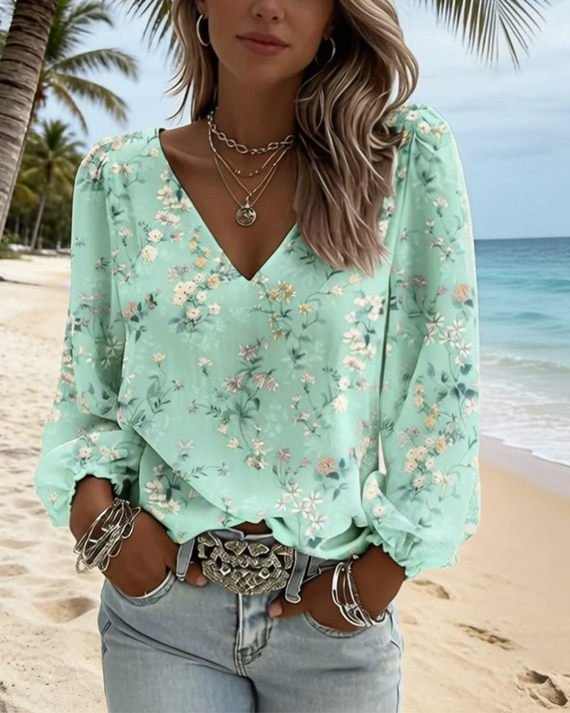 ANABEL - Blusa floral con escote en V y mangas abullonadas